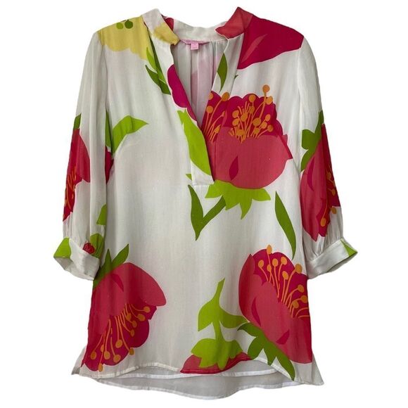 Lilly Pulitzer Floral Silk Blouse Top Semi Sheer Gold Metallic Thread Lining 4 - Picture 1 of 7